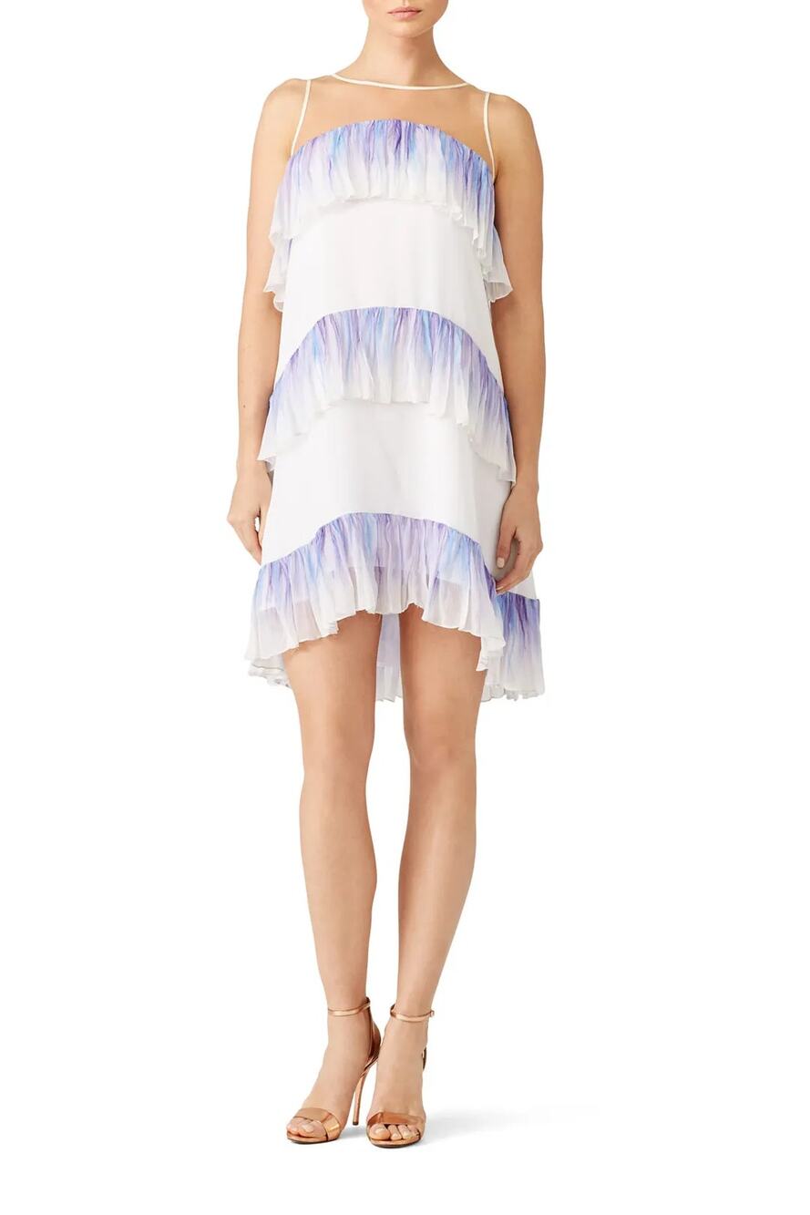 Nha Khanh Noralee Shift Dress Womens Sz 0 White Purple Blue Ruffle Tiered
